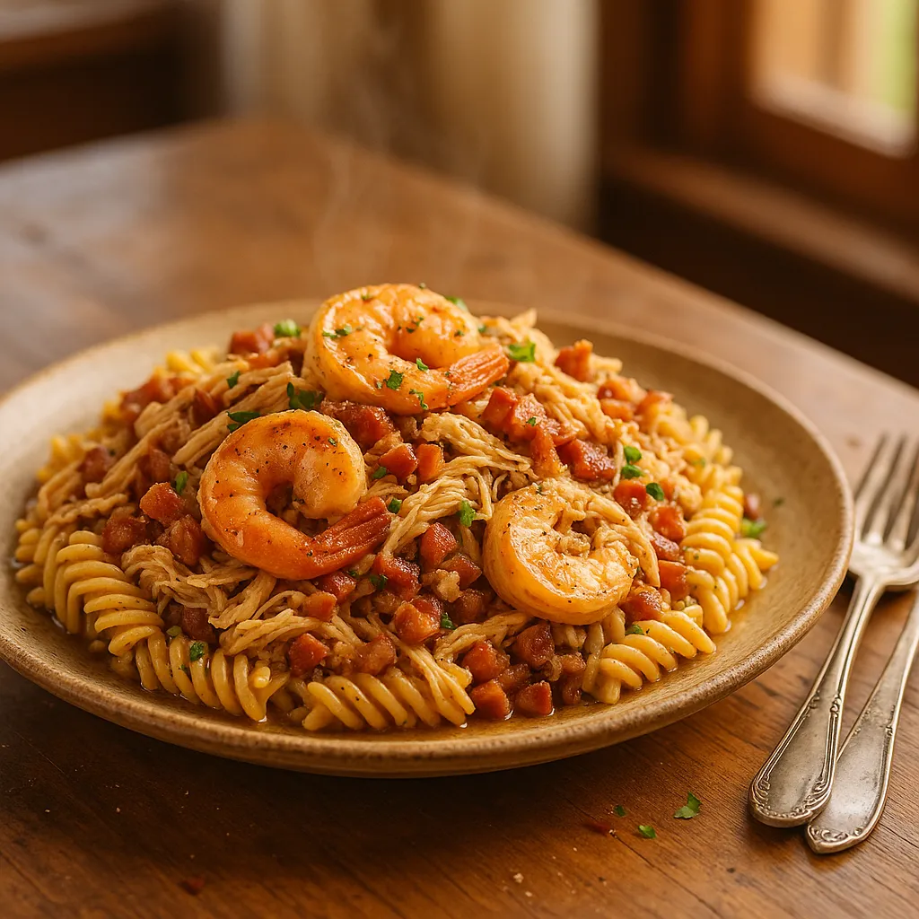 Cajun Shrimp, Chicken and Bacon Scampi Pasta