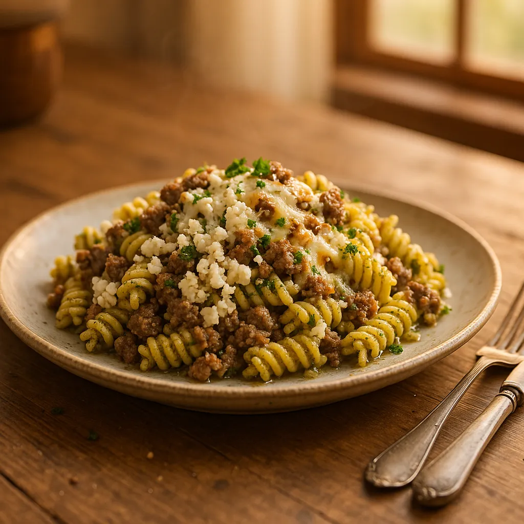 Feta Ground Beef Pesto Pasta