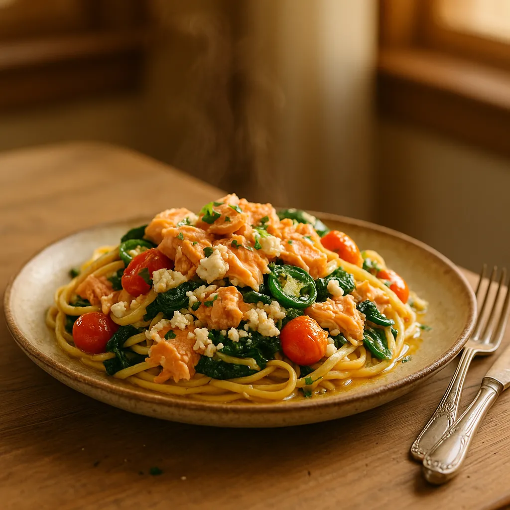 Salmon Feta Tomato Spinach Crockpot Pasta